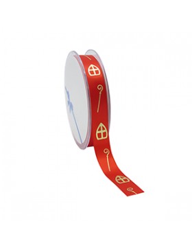 Ruban cadeau Satin - Mitre & Crosse de Saint-Nicolas - 15mm*25m Rouge