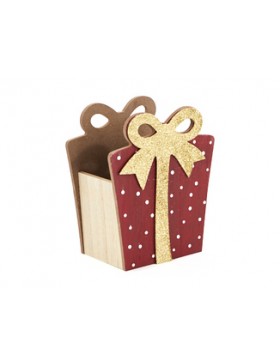 Caisse bois naturel 'Cadeau Rouge/Or' - 15*8,5cm