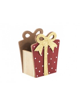 Caisse bois naturel 'Cadeau Rouge/Or' - 12*7cm