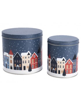 Boîte Biscuits métal ronde - Ø13,5*13cm - Maisons de Noël Bleues