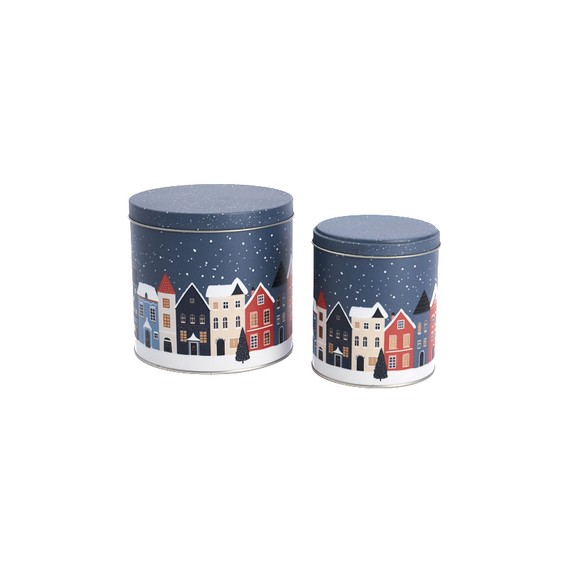 Boîte Biscuits métal ronde - Ø10*11,5cm - Maisons de Noël Bleues