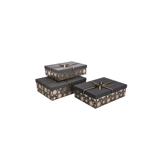 Boite carton Rect. 26*35*11cm - 'Flocons' - Noir & Or + Cv.