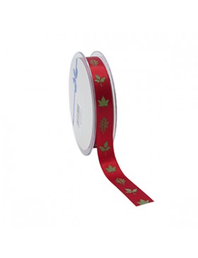 Ruban cadeau Satin - Feuilles d'Automne - Bordeaux - 15mm*25m