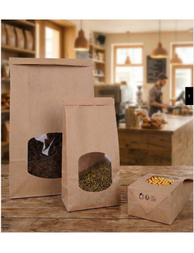 Sac Kraft fond bloc fenêtre + fermeture - 12+7*25cm