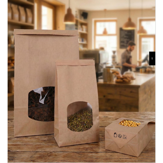 Sac Kraft fond bloc fenêtre + fermeture - 12+7*25cm
